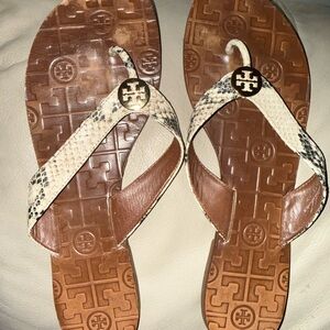 Tory Burch Brown Leather Flip Flops with Cream Snakeskin Straps
